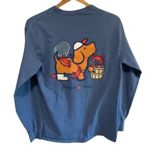 Puppie Love Long Sleeve T-Shirt Mens Medium Blue Dog Crabbing Graphic Tee